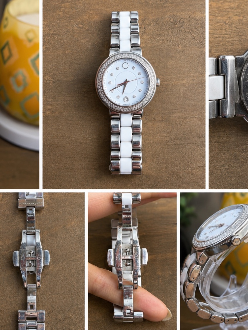 Movado Women's Silver and White Ceramic Link Watch